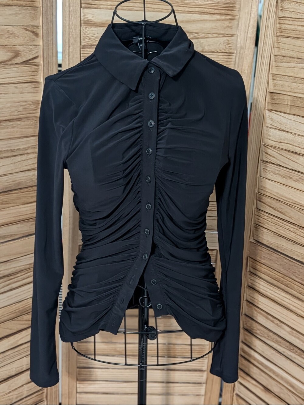 Y2K Vintage Express  Top Small Black Collared Corpcore Office Siren Ruched